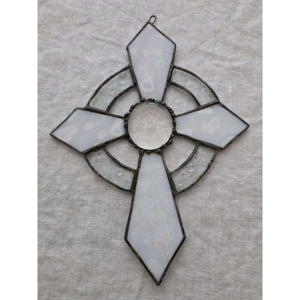 Vintage Stained Glass Cross Wall Hanging Suncatcher Pearl White Clear 8"